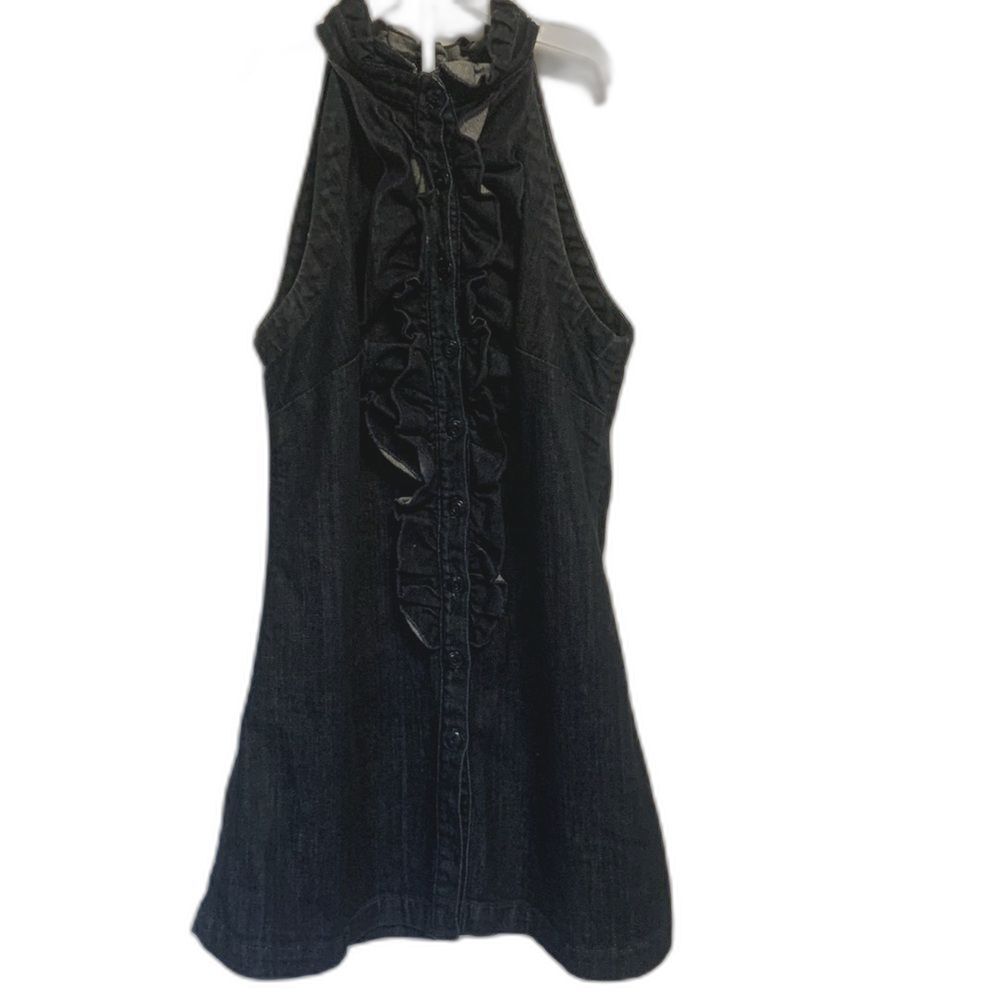 7 For All Mankind Dark Denim Ruffle Halter Mini Dress - Picture 3 of 9